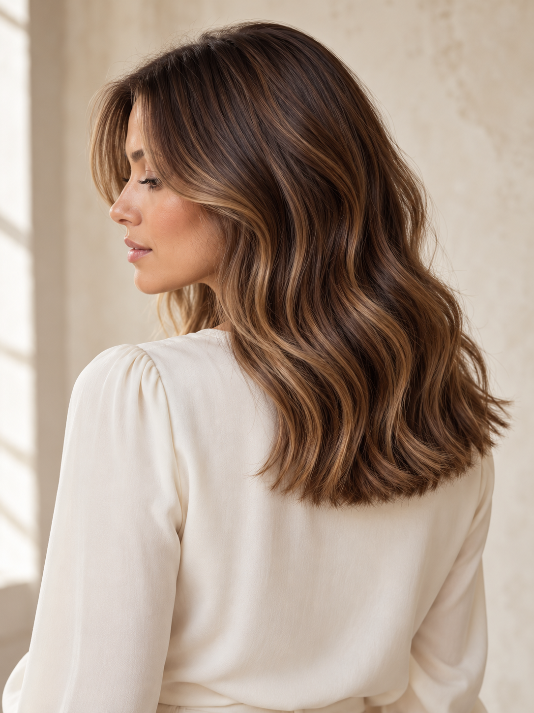 Illustrative brunette hairstyle with soft waves and caramel colour